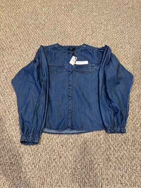 Express Chambray Button-Front Balloon Sleeve Top - Blue NWT